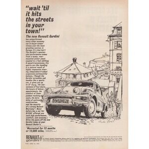 1961 Renault Gordini Vintage Print Ad Sketch French Sports Car Rally Racing